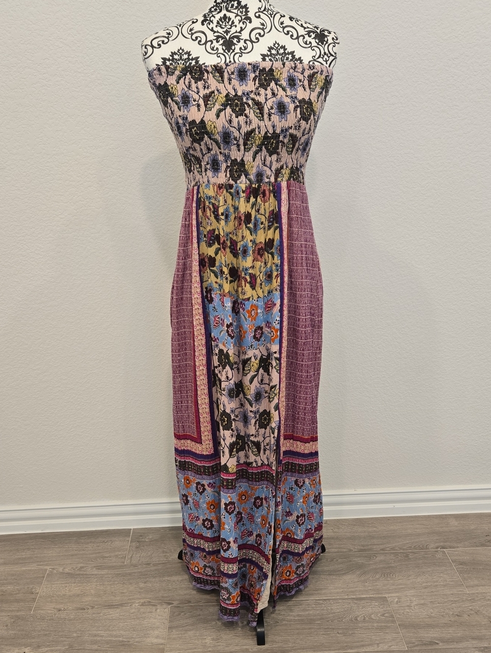 RAGA Strapless Patchwork Maxi Dress in Purple, Blue, Cream
